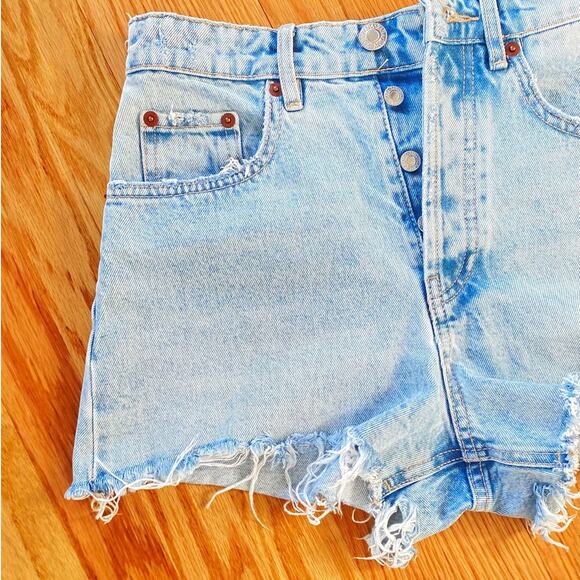ZARA Wash Blue Denim Distresses Button Fly High Rise Cut Out Style Shorts 4us - Picture 5 of 10